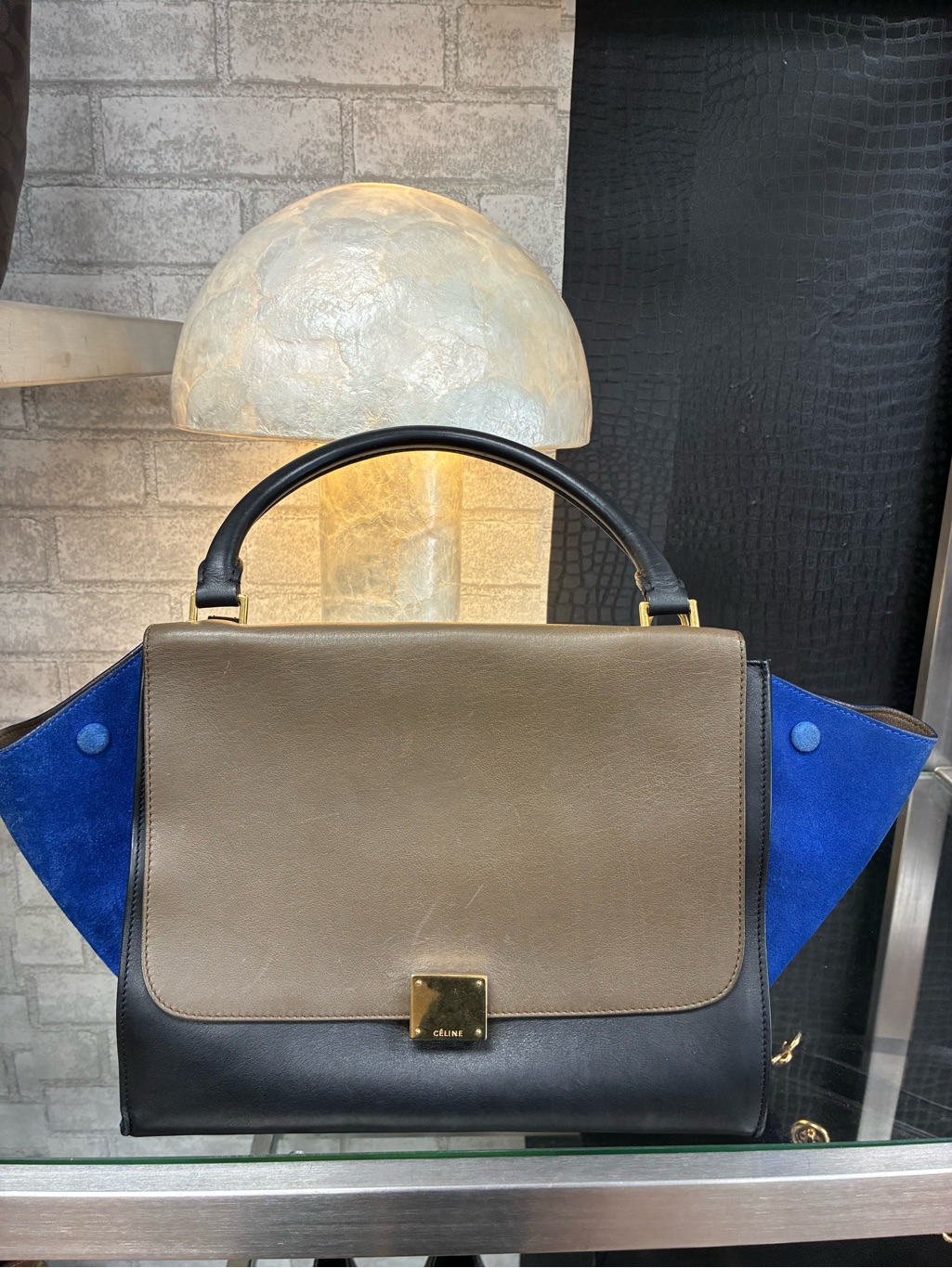 Celine Tri-Panel Top Handle Satchel In Blue, Black, And Taupe